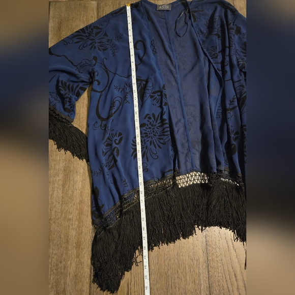 ASTR Sheer Blue Kimono with Black Velvet Pattern and Fringe Size M to L - Picture 9 of 9